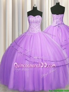 Custom Designed Visible Boning Puffy Skirt Lavender Tulle Lace Up Sweetheart Sleeveless Floor Length 15th Birthday Dress Beading
