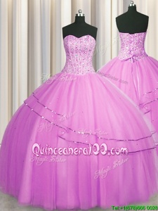 Captivating Visible Boning Really Puffy Sleeveless Floor Length Beading Lace Up Sweet 16 Dresses with Lilac