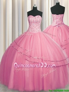 Best Visible Boning Big Puffy Rose Pink Sweetheart Neckline Beading Quinceanera Dresses Sleeveless Lace Up