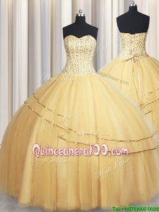 Customized Visible Boning Big Puffy Light Yellow Sleeveless Organza Lace Up Quinceanera Gown forMilitary Ball and Sweet 16 and Quinceanera