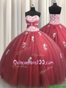 Vintage Tulle Sweetheart Sleeveless Lace Up Beading and Appliques Sweet 16 Dress inWine Red
