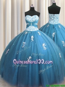 Pretty Teal Sweet 16 Quinceanera Dress Military Ball and Sweet 16 and Quinceanera and For withBeading and Appliques Sweetheart Sleeveless Lace Up