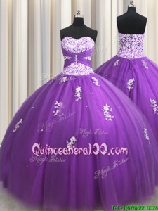 Beautiful Purple Sleeveless Beading and Appliques Floor Length 15th Birthday Dress