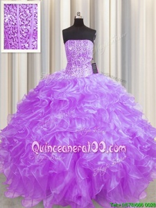 Elegant Visible Boning Floor Length Lavender Sweet 16 Dress Strapless Sleeveless Lace Up