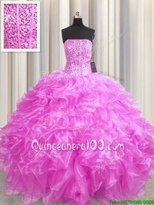 Smart Visible Boning Rose Pink Strapless Lace Up Beading and Ruffles 15 Quinceanera Dress Sleeveless