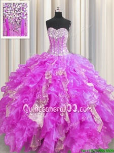 Visible Boning Sweetheart Sleeveless Quinceanera Gown Floor Length Beading and Ruffles and Sequins Lilac Organza and Sequined