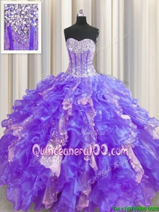 Modest Visible Boning Sleeveless Lace Up Floor Length Beading and Ruffles and Sequins Quinceanera Dresses