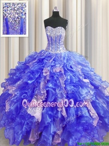 Sweet Visible Boning Royal Blue Sweetheart Neckline Beading and Ruffles and Sequins Quinceanera Dress Sleeveless Lace Up