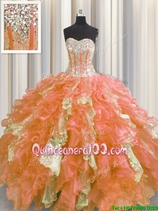 Nice Visible Boning Orange Sleeveless Floor Length Beading and Ruffles and Sequins Lace Up 15 Quinceanera Dress