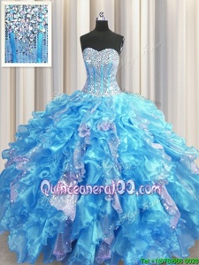 Dramatic Visible Boning Organza and Sequined Sweetheart Sleeveless Lace Up Beading and Ruffles and Sequins Quince Ball Gowns inBaby Blue