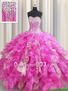 Super Visible Boning Fuchsia Ball Gowns Beading and Ruffles and Sequins Quinceanera Gown Lace Up Organza and Sequined Sleeveless Floor Length