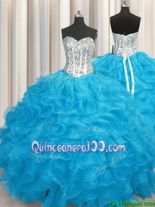 Luxurious Sweetheart Long Sleeves Lace Up Sweet 16 Dress Aqua Blue Organza