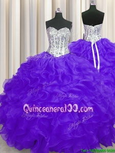 Sophisticated Ball Gowns 15th Birthday Dress Purple Sweetheart Organza Sleeveless Floor Length Lace Up