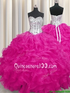 Fuchsia Lace Up Sweetheart Beading and Ruffles Quinceanera Dress Organza Sleeveless