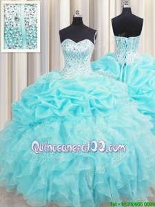 Dazzling Pick Ups Visible Boning Floor Length Aqua Blue Quinceanera Gown Sweetheart Sleeveless Lace Up