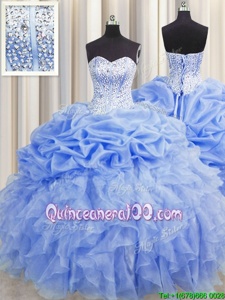Discount Visible Boning Baby Blue Lace Up Sweetheart Ruffles and Pick Ups Vestidos de Quinceanera Organza Sleeveless