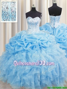 Eye-catching Visible Boning Baby Blue Lace Up Vestidos de Quinceanera Beading and Ruffles and Pick Ups Sleeveless Floor Length