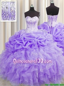Low Price Visible Boning Lavender Sweetheart Neckline Beading and Ruffles and Pick Ups Quinceanera Dress Sleeveless Lace Up