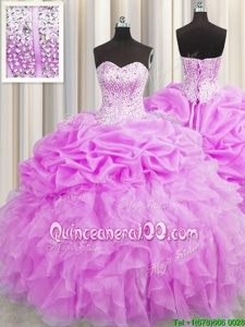 Custom Made Visible Boning Sleeveless Floor Length Beading and Ruffles and Pick Ups Lace Up Quinceanera Dress with Lilac