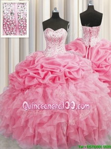 Sweet Visible Boning Rose Pink Ball Gown Prom Dress Military Ball and Sweet 16 and Quinceanera and For withBeading and Ruffles Sweetheart Sleeveless Lace Up