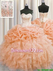 Dynamic Visible Boning Orange Sweetheart Neckline Beading and Ruffles Quinceanera Gowns Sleeveless Lace Up