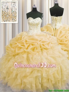 Visible Boning Organza Sweetheart Sleeveless Lace Up Beading and Ruffles Quinceanera Dress inGold