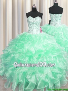 Dramatic Visible Boning Apple Green Ball Gowns Beading and Ruffles Quinceanera Dresses Zipper Organza Sleeveless Floor Length