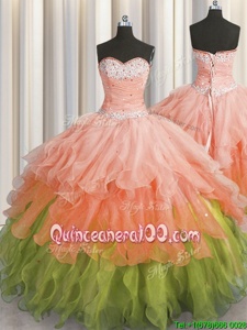 Fantastic Multi-color Ball Gowns Organza Sweetheart Sleeveless Beading and Ruffles and Ruffled Layers and Sequins Floor Length Lace Up Sweet 16 Dress