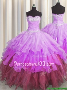 Flare Sweetheart Sleeveless 15th Birthday Dress Floor Length Beading and Ruffles and Ruffled Layers and Pick Ups Multi-color Organza