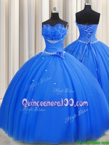 Handcrafted Flower Blue Sleeveless Tulle Lace Up Quinceanera Gowns forMilitary Ball and Sweet 16 and Quinceanera