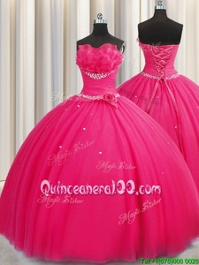 Handcrafted Flower Hot Pink Ball Gowns Beading and Sequins and Hand Made Flower Quince Ball Gowns Lace Up Tulle Sleeveless Floor Length