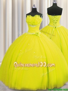 Handcrafted Flower Yellow Lace Up Strapless Beading and Sequins and Hand Made Flower 15 Quinceanera Dress Tulle Sleeveless