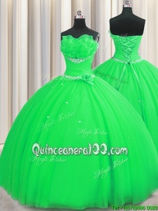 Fabulous Handcrafted Flower Strapless Sleeveless 15 Quinceanera Dress Floor Length Beading and Sequins and Hand Made Flower Green Tulle