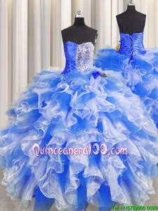 Latest Blue And White Sleeveless Floor Length Beading and Ruffles and Ruching Lace Up Vestidos de Quinceanera