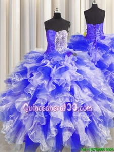 Fine Blue And White Organza Lace Up Quince Ball Gowns Sleeveless Floor Length Beading and Ruffles and Ruching