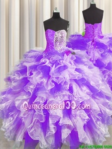 Custom Design Sleeveless Organza Floor Length Lace Up Quinceanera Gown inWhite And Purple forSpring and Summer and Fall and Winter withBeading and Ruffles and Ruching