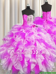 Excellent Multi-color Organza Lace Up Sweetheart Sleeveless Floor Length Sweet 16 Dresses Beading and Ruffles and Ruching