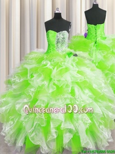 Chic Floor Length Yellow Green Sweet 16 Dress Organza Sleeveless Spring and Summer and Fall and Winter Beading and Ruffles