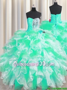 Apple Green Ball Gowns Sweetheart Sleeveless Organza Floor Length Lace Up Beading and Ruffles Quinceanera Dresses