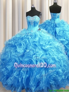 Stylish Sweetheart Sleeveless Organza Quinceanera Gowns Beading and Ruffles Sweep Train Lace Up