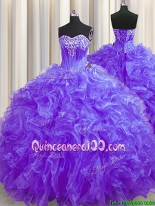 Fancy Lace Up Ball Gown Prom Dress Lavender and In forMilitary Ball and Sweet 16 and Quinceanera withBeading and Ruffles Brush Train
