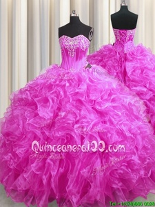Eye-catching Sweep Train Ball Gowns Sweet 16 Dress Fuchsia Sweetheart Organza Sleeveless Lace Up