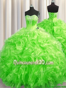 Smart Spring Green Ball Gowns Beading and Ruffles Quince Ball Gowns Lace Up Organza Sleeveless