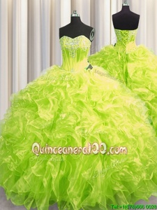 Modern Ball Gowns Long Sleeves Yellow Green Quinceanera Dress Brush Train Lace Up