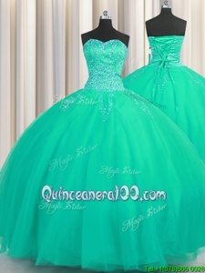 Discount Really Puffy Turquoise Ball Gowns Sweetheart Sleeveless Tulle Floor Length Lace Up Beading Sweet 16 Dresses