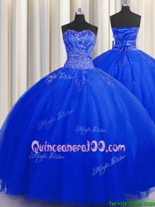 Custom Made Puffy Skirt Royal Blue Tulle Lace Up 15 Quinceanera Dress Sleeveless Floor Length Beading