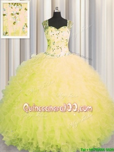Customized See Through Zipper Up Yellow Straps Zipper Beading and Ruffles Ball Gown Prom Dress Sleeveless