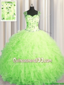 Glamorous See Through Zipper Up Floor Length Zipper Vestidos de Quinceanera Green and In forMilitary Ball and Sweet 16 and Quinceanera withBeading and Ruffles