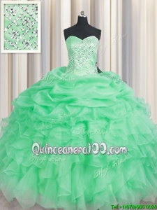 Romantic Apple Green Organza Lace Up Quinceanera Gowns Sleeveless Floor Length Beading and Ruffles