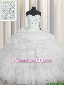 Excellent White Lace Up Sweetheart Beading and Ruffles Ball Gown Prom Dress Organza Sleeveless
